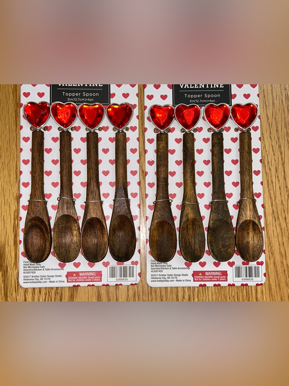 Wooden Spoon Set with Red Heart Toppers - Pack of 8
